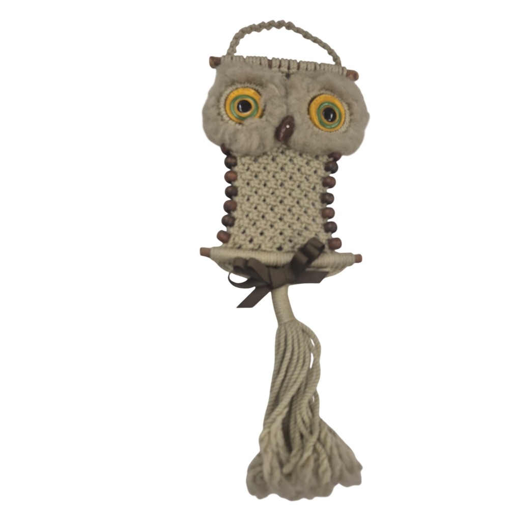 Vintage Macrame Owl Wall Hanging Boho Wood Bead Tassel Decor Beige 17‎ Inch